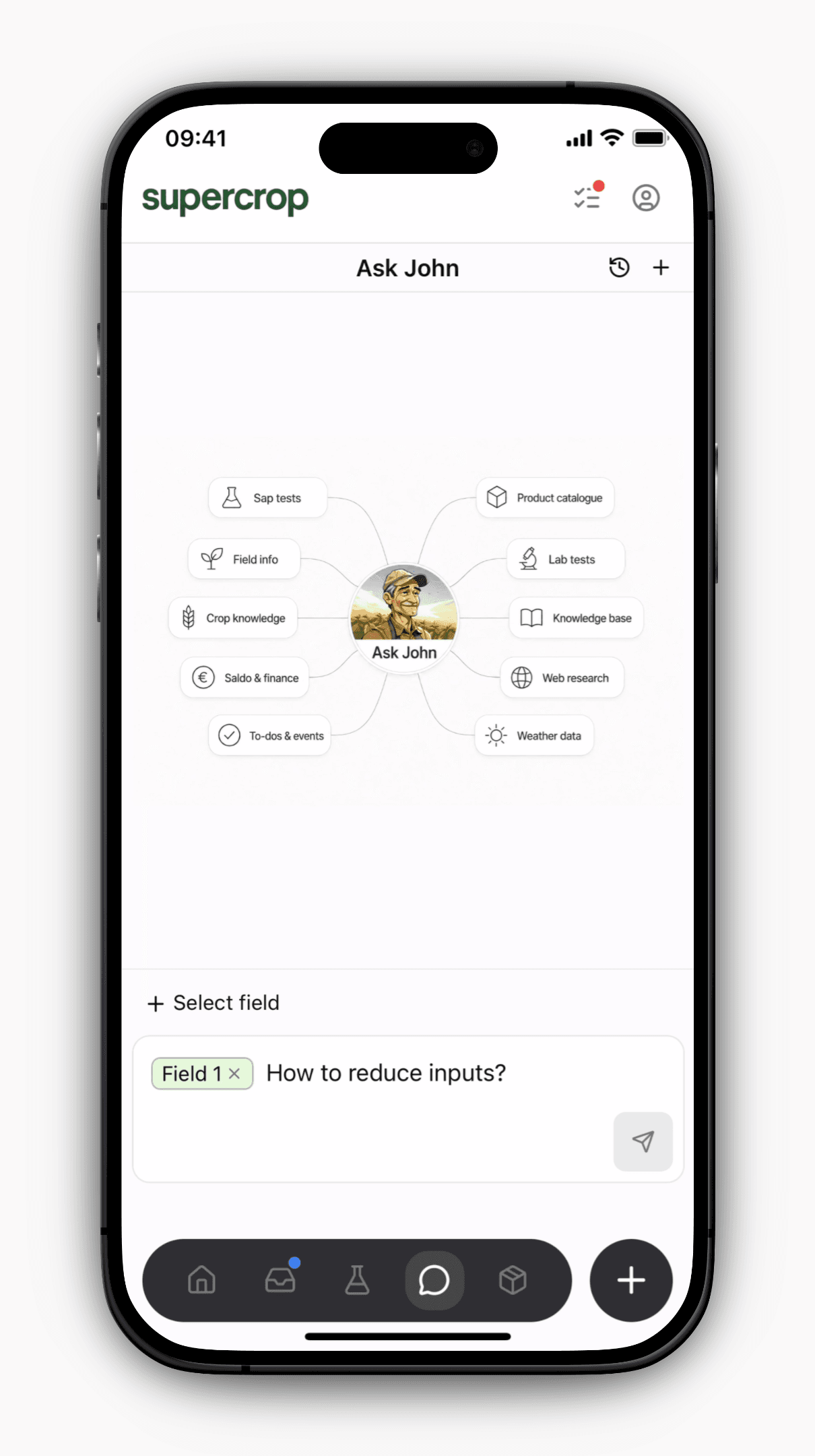 Ask John connects to your sap tests, field info, crop knowledge, products and more
